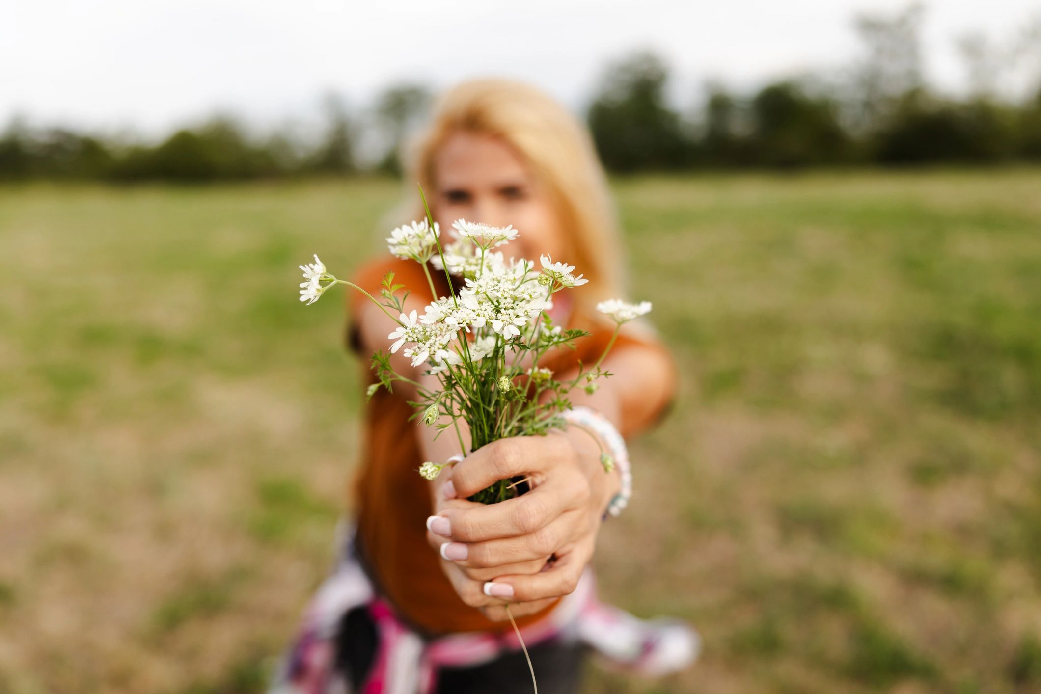 Woman holding a bouquet of wildflowers in a sunny field